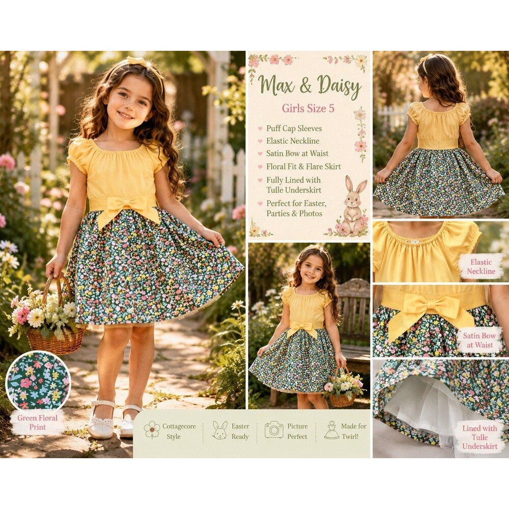 Max & Daisy Girls Size 5 Cottagecore Easter Floral Fit & Flare Bow Dress